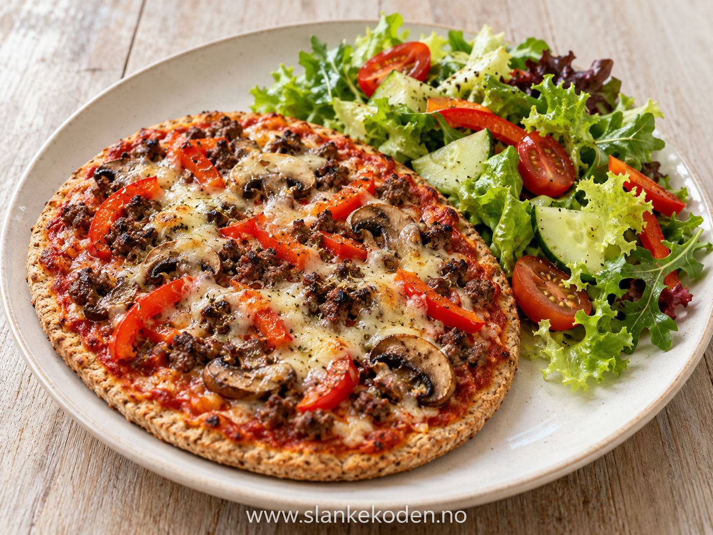 KI-illustrasjon av fullkornspizza med karbonadedeig