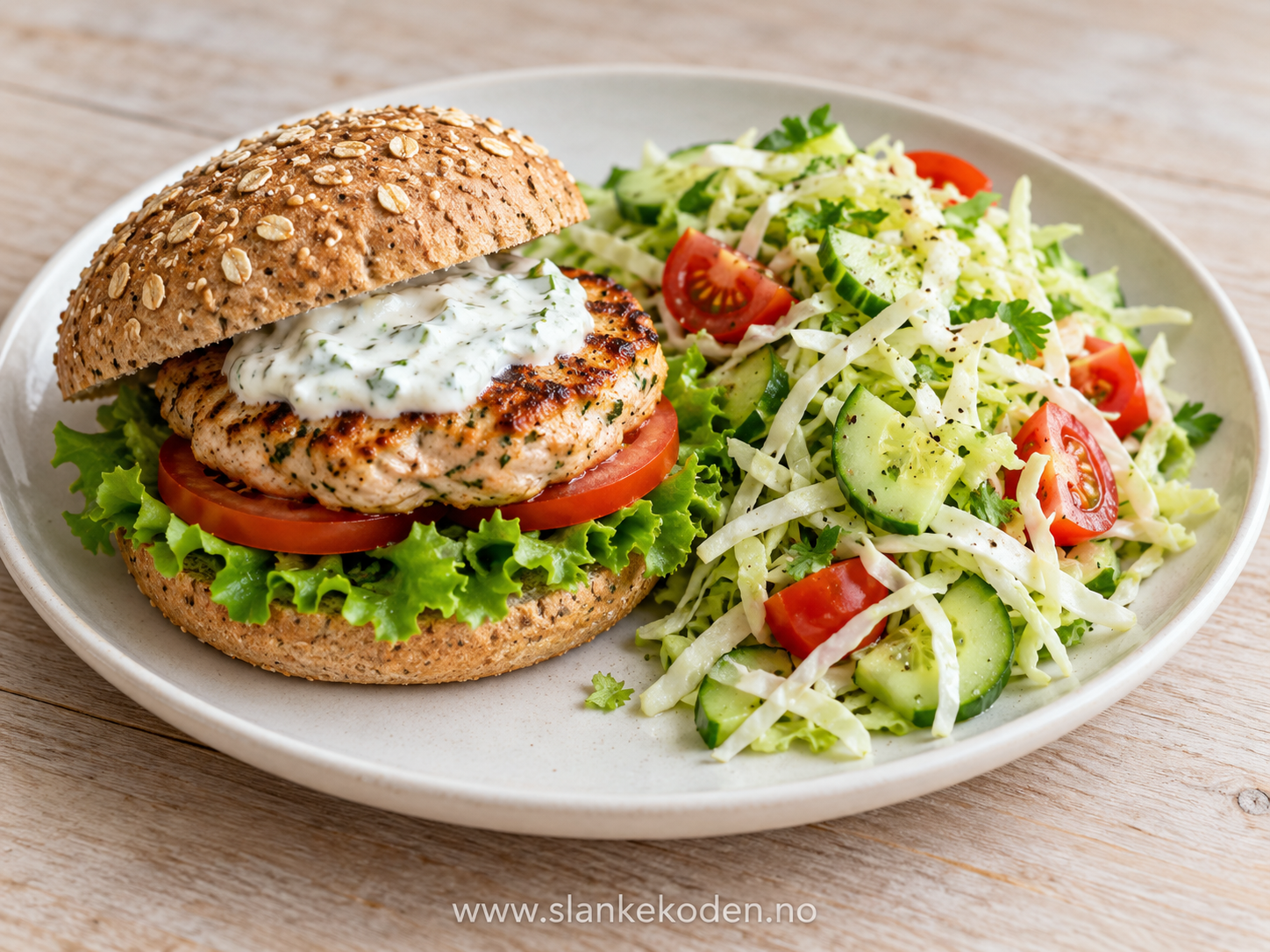KI-illustrasjon av kyllingburger med frisk kålsalat