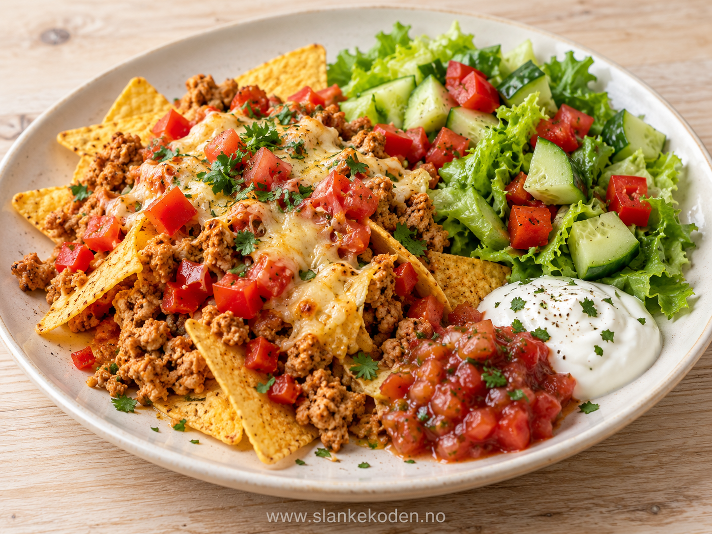 KI-illustrasjon av kyllingnachos med salsa og salat