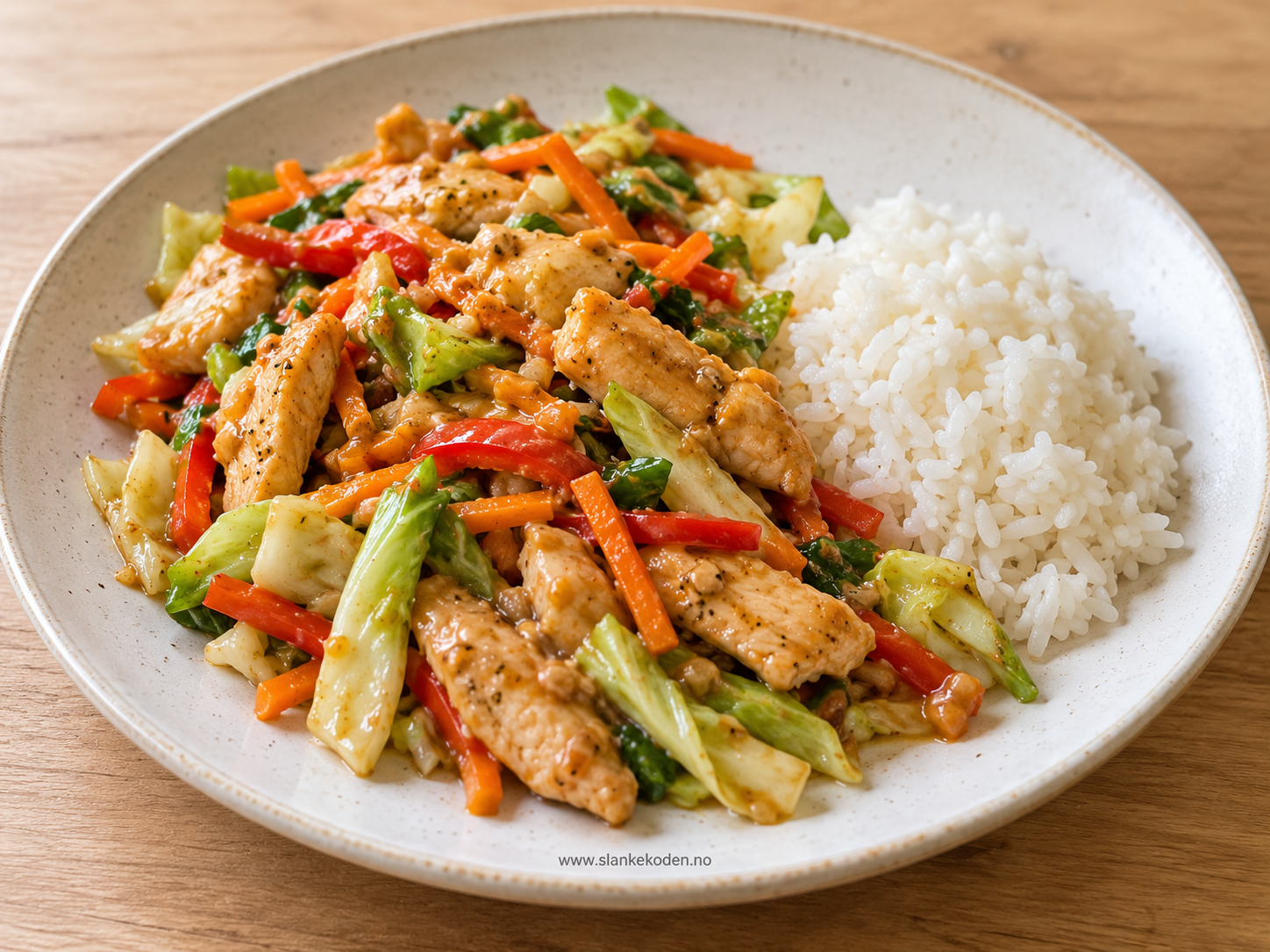 KI-illustrasjon av kyllingwok med ingefær og peanøttsaus