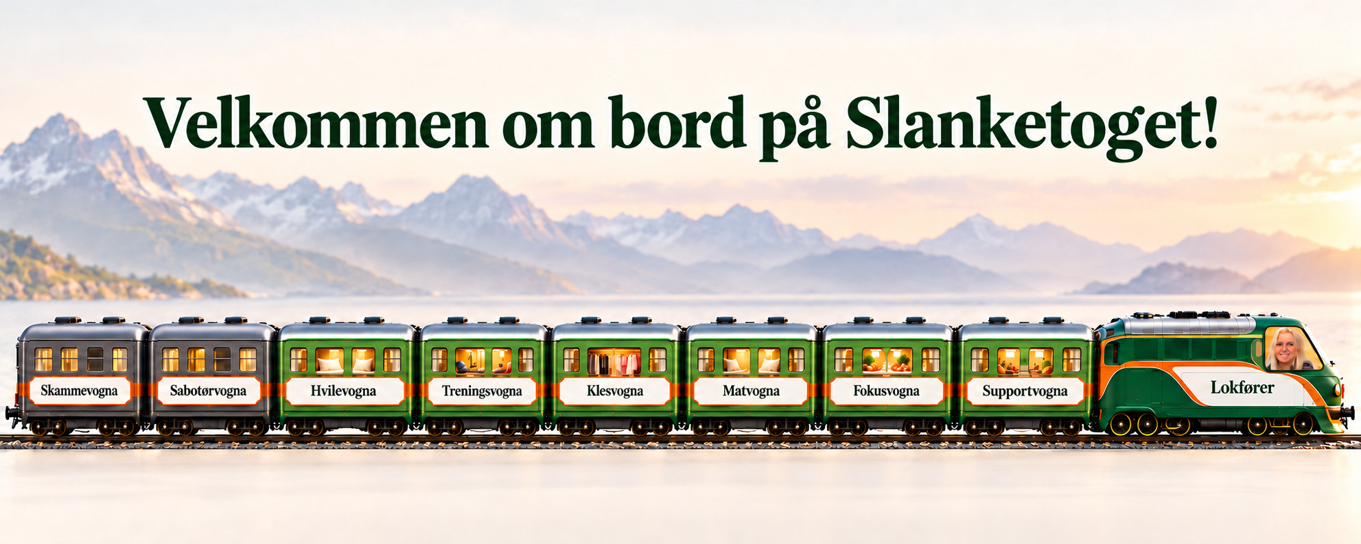 Slanketoget med Elin som lokfører. Fra lokomotivet: Supportvogna, Fokusvogna, Matvogna, Klesvogna, Treningsvogna, Hvilevogna, Sabotørvogna og Skammevogna.
